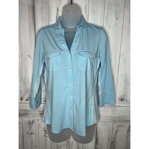J McLAUGHLIN POOL BLUE 3/4 SLEEVE FITTED STRETCH JERSEY BUTTON UP LYFORD SHIRT S
